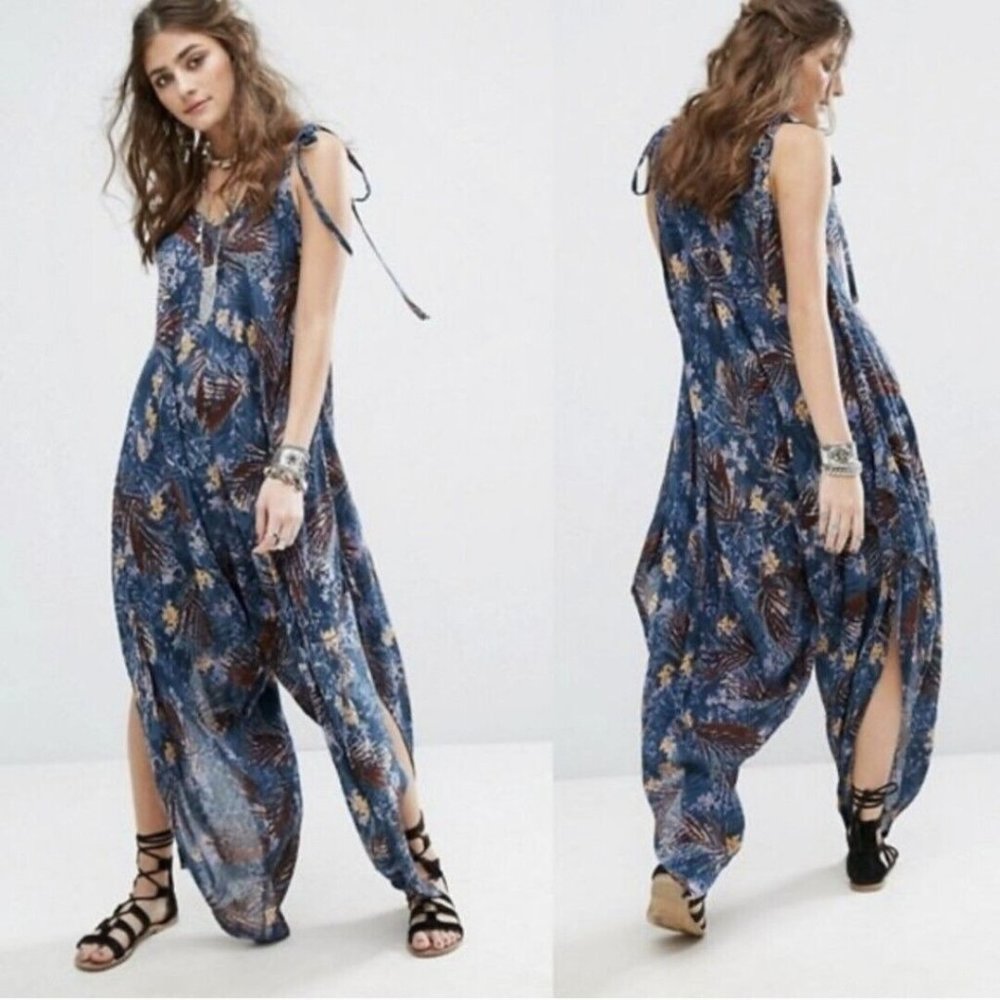 Free‎ People XS El Porto Women's Jumpsuit Blue / Brown Printed Boho Straps